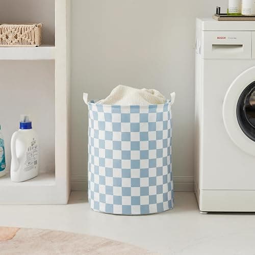 Ohocut Blue Checkered Laundry Basket, Collapsible Aesthetic Cute Canvas Organizer Hamper Basket for Storage, Toy Bins, Bedroom Clothes, Children Nursery, Gift Basket thumbnail 4