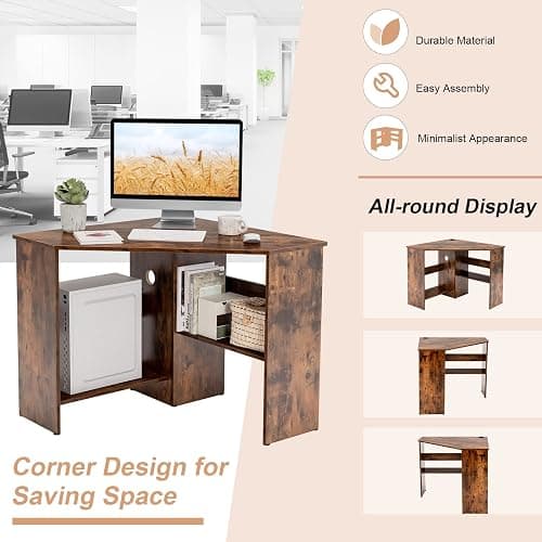 Tangkula Corner Desk, 90 Degrees Triangle Computer Desk for Small Space, Bedroom Makeup Vanity Desk with Storage Shelves & CPU Stand, Space Saving thumbnail 5