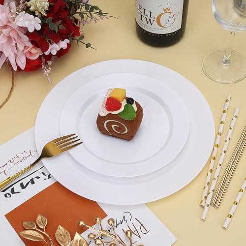 Moretoes 100PCS White Plastic Plates Disposable 10.25inch Dinner Plates and 7.5inch Dessert Salad Plates Heavy Duty Plates for Wedding Party and Birthday thumbnail 7