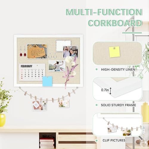 DOLLAR BOSS Cork Board Bulletin Board with Linen Double-Sided 36" x 24" Linen Corkboards for Walls Picture Display Vision Board for Office Home School Framed Picture Pin Board, 20 Pushpins 10 Clips thumbnail 4