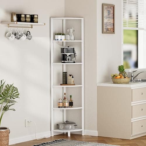 Furnulem 6 Tier Corner Shelf with LED Light, 67.5” Tall Standing Shelf Organizer, White Narrow Bookshelf with Storage Rack for Wall Corner, Living Room, Bedroom, Metal Frame, Wood Display Shelf thumbnail 9