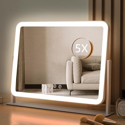 HIEEY Vanity Mirror with Lights, Lighted Makeup Mirror, Three Color Lighting Modes, and 5X Magnification Mirror, Smart Touch Control, 360°Rotation (17.4" x 13.5" White,Gift Box) - Image 1