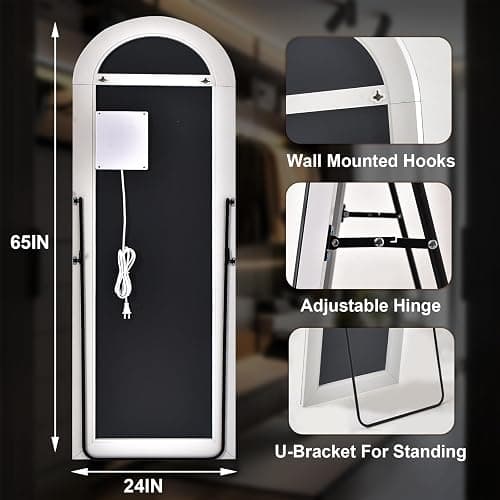 XRAMFY LED White Arched Full Length Mirror - 24“ x 65” Adjustable Brightness, Touch Screen Controls, Wall Mounted or Freestanding for Bedroom, Living Room, Cloakroom Dressing Mirror thumbnail 2