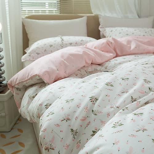 LifeTB Garden Style Duvet Cover Floral Print Bedding Sets King Pink White Floral Comforter Cover Cotton Chic Flower Print Duvet Cover for Girl Women Boho with Zipper Closure 4 Ties thumbnail 9