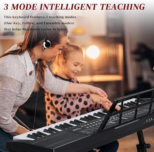 Ktaxon 61 Key Keyboard Piano Electric Keyboard with Lighted Keys | Electric Piano Set with Headphones, Microphone, Music Rest, Power Adapter, Stand, Piano Bench, Stickers & Manual(Full-Black) thumbnail 3