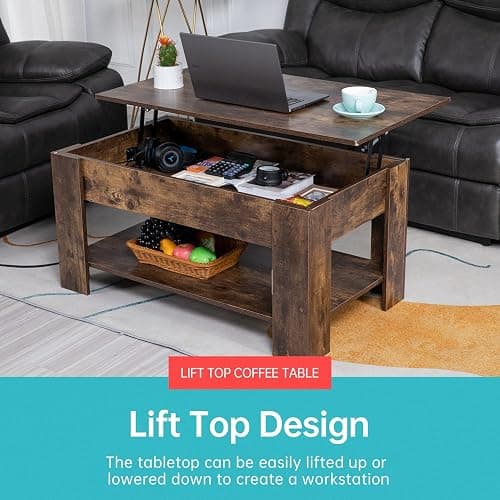 FDW Lift Top Coffee Table with Hidden Compartment and Storage Shelf Wooden Lift Tabletop for Home Living Room Reception Room Office,39.4",Brown thumbnail 4
