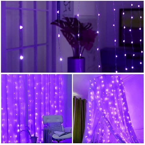HOME LIGHTING Window Curtain String Lights, 300 LED 8 Lighting Modes Fairy Copper Light with Remote, USB Powered for Halloween Christmas Bedroom Party Wedding Home Garden Wall Decorations, Purple thumbnail 4