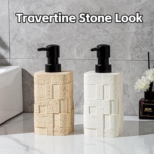 Haocoott Soap Dispensers 400mL 13.5 OZ, 2 PCS Luxurious Hand Dish Lotion Shampoo Soap Dispenser Jar, Travertine Stone Look Soap Pump Bottles for Kitchen Bathroom Countertop (White) thumbnail 5