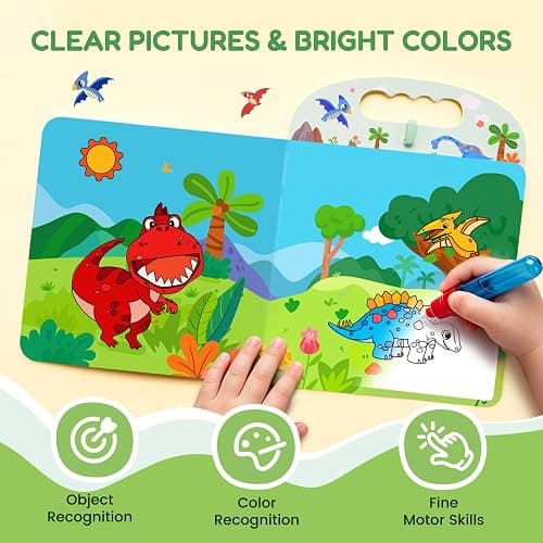 JoyCat Dinosaur Water Coloring Book for Toddlers, 13 Pages, No-Mess | Reusable color-reveal scenes for repeat play, Water pen with holder, Carry handle and closure band for travel, Gift for kids thumbnail 4
