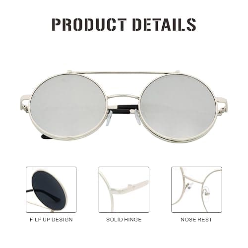 J&L Glasses Retro Flip-Up Round Goggles Steampunk Sunglasses - Silver,silver thumbnail 4
