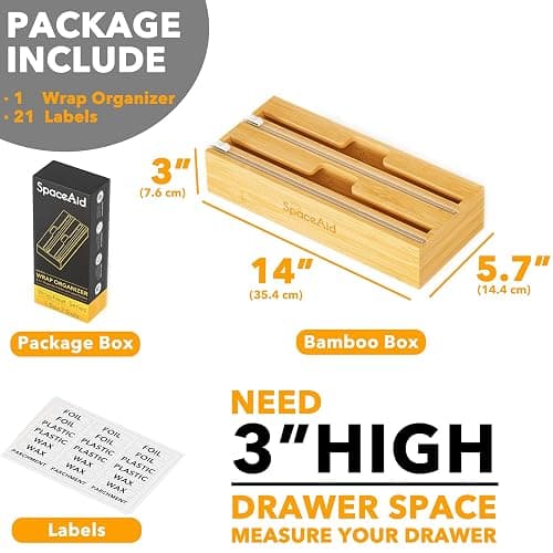 SpaceAid WrapNeat 2 in 1 Wrap Organizer with Cutter and Labels, Plastic Wrap, Aluminum Foil and Wax Bamboo Dispenser for Kitchen Storage Organization Holder for 12" Roll (Natural, 2-Slot) thumbnail 2