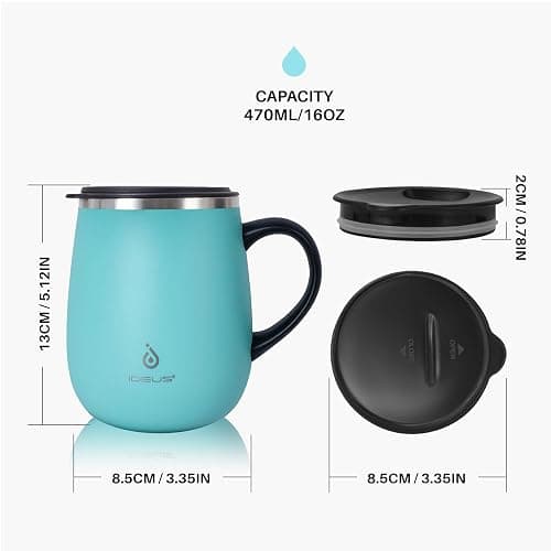Ideus 16 oz (470 ml) Insulated Coffee Mug with Handle and Lid, Double Wall Stainless Steel Vacuum Thermal Coffee Mug, Travel Coffee Cup Thermal Cup for Home and Office (Sky Blue) thumbnail 3