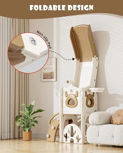 XJD 7 in 1 Toddler Slide, Kids Indoor Slide for Toddlers 12-36 Months, New Upgrade with Golf, Basketball Hoop for Indoor Outdoor Playset,Toddler Playground (White Brown) thumbnail 7
