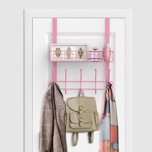MILIJIA Coat Rack, Over The Door Hanger with Mesh Basket, Detachable Storage Shelf for Towels, Hats, Handbags, Coats (Pink) thumbnail 2