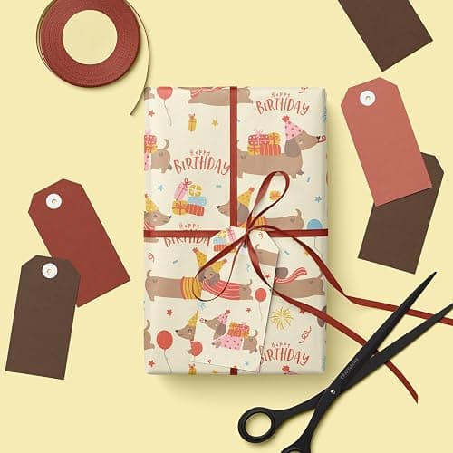 Dtiafu Dog Birthday Wrapping Paper Roll - Dachshund Dog Balloon and Happy Birthday Text Design for Kids Boys Girls Birthday Dogs Lover Party Total 28.5 sq.ft thumbnail 5