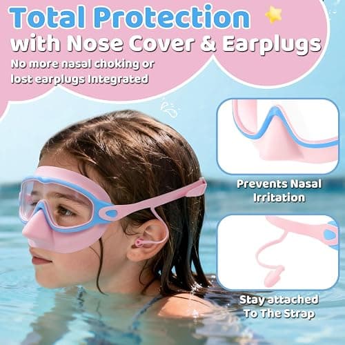 Vvinca Swim Goggles, Kids Goggles with Earplugs& Nose Clip Wide View Anti-Fog/UV Swimming Goggles for Age 3-15 Boys Girls thumbnail 8