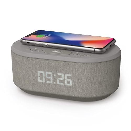 i box Dawn FM Radio, Bluetooth Wireless Speaker, Fast Charging, Clock Radio, LED Display, USB Charger, Dimmable Night Light, Alarm Clock Feature, Wireless Charger, Digital Clock, Dual Alarm (Grey) - Image 1