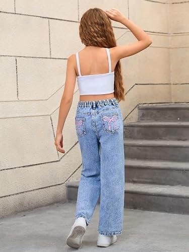 WDIRARA Girl's Bow Print Back Zipper Fly Elastic High Waist Denim Pants Basic Wide Leg Jeans thumbnail 3