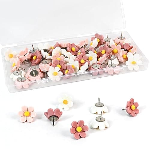 50 Cute Flower Push Pins for Corkboard & Bulletin Board - Decorative Floret Thumb Tacks for Office, Photo & Poster Wall - Image 1