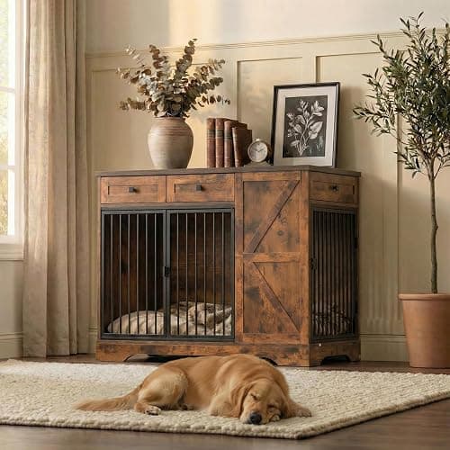 Large Dog Crate Furniture with Storage, Indoor Dog Kennel with 3 Drawers & 2 Feeding Bowls, Furniture Style Wooden Dog Crates for Large/Medium Dogs thumbnail 8