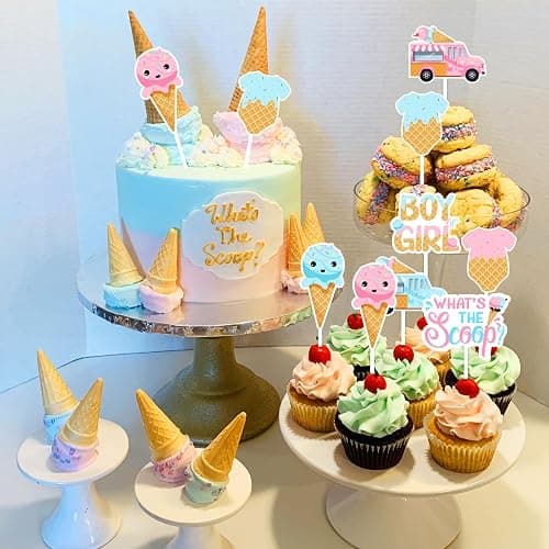 JOYMEMO 24 Pcs What's The Scoop Gender Reveal Cupcake Toppers - Pink Blue Ice Cream Baby Shower Decorations, Double Sided Paper Ice Cream Cake Decor for Pregnancy Celebration Newborn Party thumbnail 3