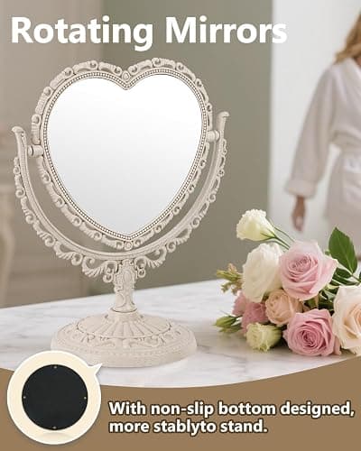 JDPEYI Heart Shaped Cute Vanity Princess Mirror for Desk,Double-Sided Rotatable Table with Stand Downtown Girl Room Coquette Decor (Beige) thumbnail 5