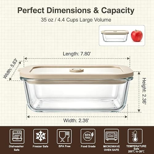 Encheng 5 Pack 35 oz Glass Meal Prep Containers, Plastic-Free Glass Food Storage Containers with Lids, 4.4 Cups Airtight Glass Lunch Containers for Leftovers, Microwave, Oven, Freezer and Dishwasher thumbnail 2