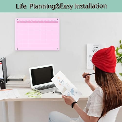 Marribol Acrylic Calendar Dry Erase Board for Wall,15.7''x11.8'',Pink Monthly Calendar Whiteboard for Home,Office, School thumbnail 2