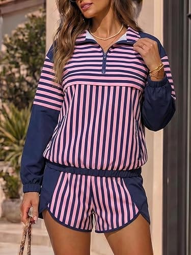 Fisoew Striped 2 Piece Sets for Women Tennis Athletic Short Set Fall Outfit | Athleisure, Oversized, Windbreaker, Preppy, 2 Piece Outfits, Pullover, Half-Zip, Running, Workout, Sweat Set, Casual, Coffee thumbnail 3