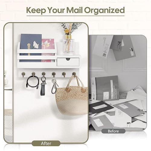FifthQuarter Key Holder Wall Mount: Key and Mail Holder for Wall with 6 Hooks and Storage Drawer, Easy Installation Key Rack for Entryway Home Decor (A-White) thumbnail 3