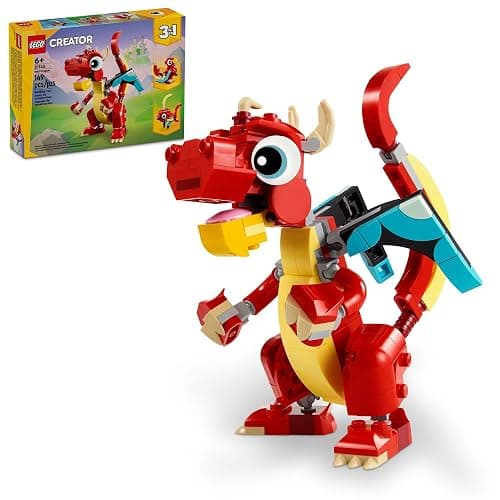 LEGO Creator 3 in 1 Red Dragon Toy, Transforms from Dragon Toy to Fish Toy to Phoenix Toy, Gift Idea for Boys and Girls Ages 6 and Up, Animal Toy Set for Kids, 31145 - Image 1