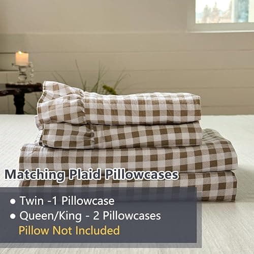 NSNLGSGC Tan Gingham Ruffle Twin Sheet Set, Taupe Soft Pre-Washed Microfiber Plaid Twin Bed Sheets, 3-Pieces Farmhouse Sheet Set with Deep Pocket thumbnail 7