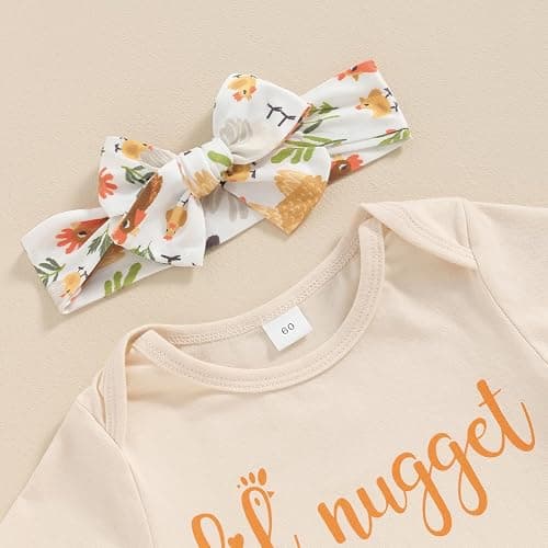 Karuedoo Newborn Baby Girl Farm Outfits Letter Print Short Sleeve Romper Chicken Flared Pants Headband 3Pcs Outfits Sets thumbnail 4