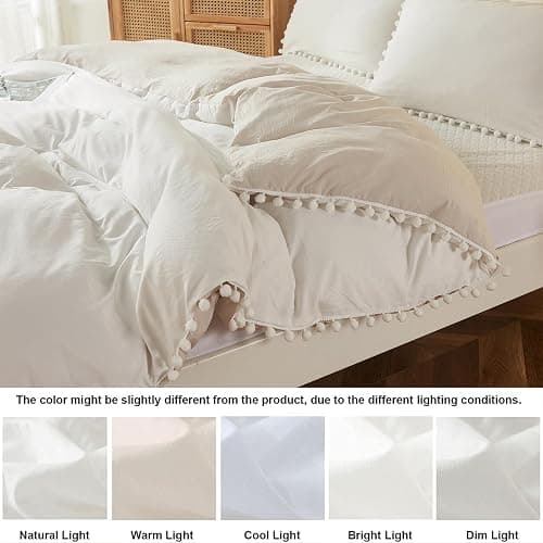 Bedbay Boho Bedding Comforter Set Kids Bedding Twin Cute Ball Pom Pom Fringe Farmhouse Bedding White and Beige Reversible Preppy Comforter Set(White&Beige,Twin) thumbnail 8