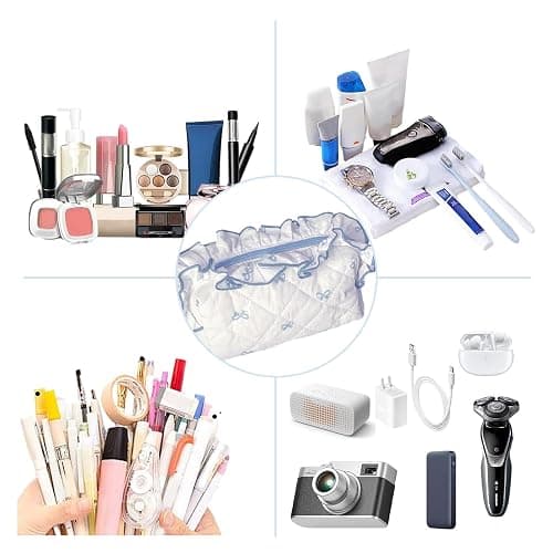 Aikeis Cute Tie Makeup Bag Cotton Quilted Plaid Lining Zipper Women Girls Kawaii Travel Cosmetic Bag (Light Blue), lightblue, Lace bow thumbnail 7