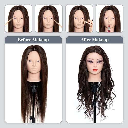Mannequin Head 80% Human Hair - 28 Inch Make up Cosmetology Manikin Practice Doll Head with Hair,Braiding Hairdressing Head for Hair Styling with Table Clamp + DIY hair Styling Set thumbnail 5