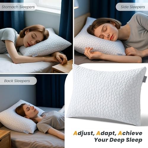 MUXHOMO Memory Foam Pillows Queen Size Set of 4, Cooling Adjustable Shredded with Breathable Cover, Supportive for Side, Back & Stomach Sleepers, White, 20 x 30 Inches thumbnail 7