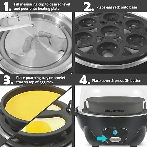 Elite Gourmet EGC710DKG Rapid Egg Cooker, 7 Easy-To-Peel, Hard, Medium, Soft Boiled Eggs, Poacher, Omelet Maker, Auto Shut-Off, Alarm, 16-Recipe Booklet, BPA-Free, Ash thumbnail 9