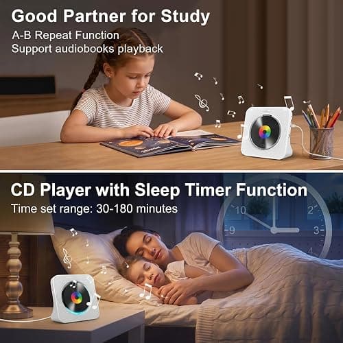 Gueray CD Player Portable Bluetooth Desktop CD Player for Home with Timer Built-in HiFi Speakers with LCD Screen Display Boombox FM Radio USB Type-c (White) thumbnail 5