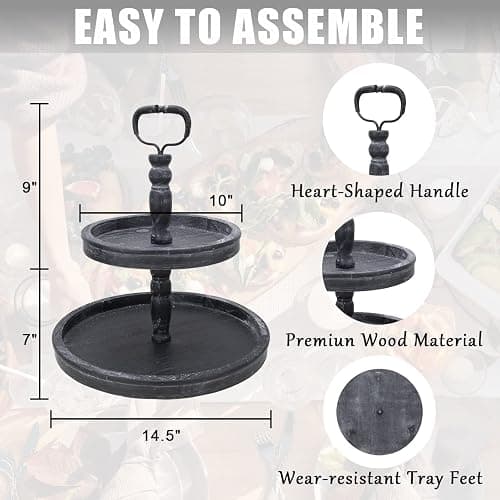 Vipush Farmhouse Two Tiered Tray,Distressed Wood Two Tier Tray,Decorative Rustic Wooden 2 Tier Serving Tray Cake Stand for Kitchen and Seasonal Decor,Black thumbnail 3