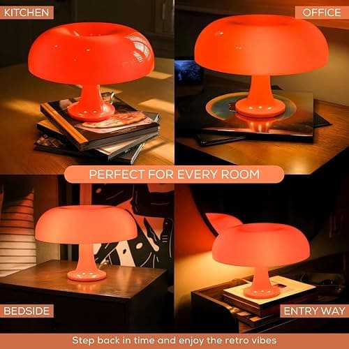KONTARBOOR Lampe de Table LED - Champignon Vintage – Abat-Jour Orange Laqué, Style Rétro, USB, Interrupteur Rotatif, Décoration Salon ou Chambre thumbnail 2