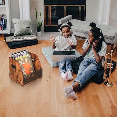 Homeiju Vinyl Record Storage, Record Box Case Crate, Vinyl Record Album Holder, Metal & Wooden LP Record Crate, Holds up to 60 Records thumbnail 6