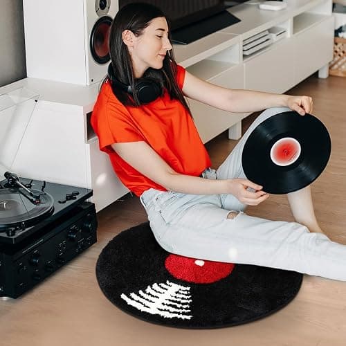 Vinyl Record Bath Mat Music Round Rug Retro Tub Bath Rug Non Slip Washable Funny Bathroom Decor Absorbent Tufted Rug Carpet for Bedroom Living Room Music Theme Decor Black and White 23.5" thumbnail 6