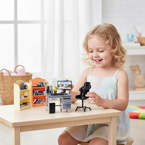 1:12 Scale Mini Office Desk Set Including Mini Computers Desks Computer Accessories Storage Racks Books Desk Lamps Glasses Headphones Mobile Game Controllers Etc Suitable For Displaying Ideal Gifts thumbnail 7