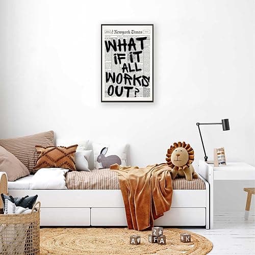 Retro Black And White Newspaper Poster What If It All Works Out Canvas Wall Art Positive Affirming Quote Minimalist Prints Painting For Home Bedroom Dorm Wall Decor 12x16in Framed thumbnail 3