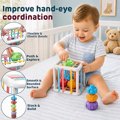 6-in-1 Montessori Baby Toy Set with Wooden Shape Sorter Xylophone Teether | 5 Stacking Rings, 6 Building Blocks, 20 Shape Blocks, Sensory Cube, Stacking, Sorting, Matching, Fine Motor Play, Baby Gift thumbnail 7