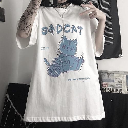 Women's Goth T-Shirt Summer Graphic Harajuku Gothic Creepy Cat Print Novelty Short Sleeve Top thumbnail 6