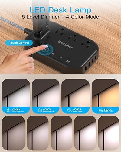 LED Desk Lamp Power Strip with 4 USB 3 Outlets, Dorm Room Essentials, Black | One Beat 4 Modes 5 Level Brightness Touch Lamp, Small Desk Lamp for Home Office College Dorm Essentials, Study Reading Light thumbnail 3