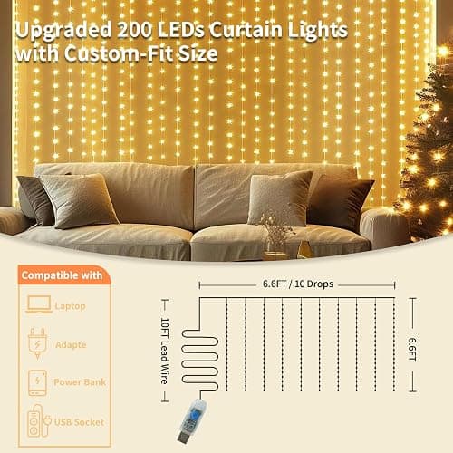 Patioman Fairy Curtain Lights, 200 LED Upgraded Tangle-Free Hanging Lights with Remote, USB Plug in String Lights for Bedroom Wall Window Wedding Party Xmas Home Décor - 6.6 x 6.6 Ft, Warm White thumbnail 2