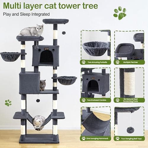 Large Cat Tree Tower for Indoor Cats Adult, 74.8 Inch Tall Large Multi-Level Tree Towers with Scratching Posts, Condo, Hammock, Bed for Big Cats, Modern Cat Trees Furniture Heavy Duty (Dark Gray) thumbnail 6